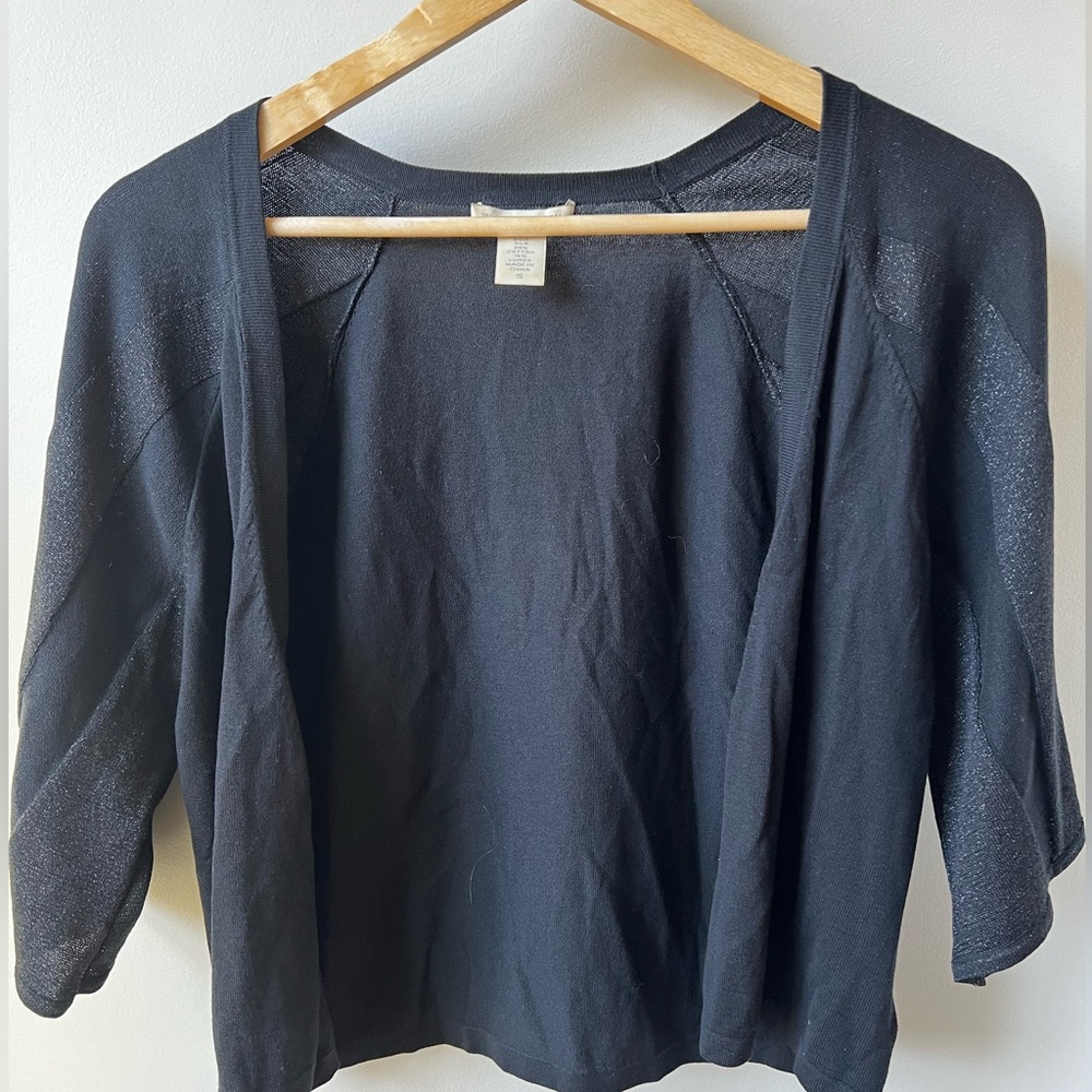 WHITE + WARREN Cropped Sparkle Open Cardigan Sweater Black Silk Blend Cocktail S